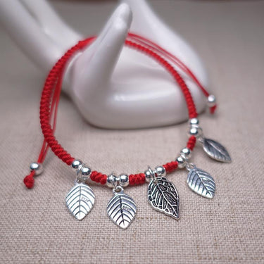 Sterling Silver 'GROWTH' Leaf charm Red Rope Bracelet